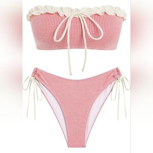 ZAFUL Pink Gingham Bandeau Bikini Set Ruffle Strapless Tie Sides Size 8 NWT